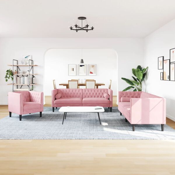 vidaXL 3 Piece Chesterfield Sofa Set with Bolsters Pink Velvet
