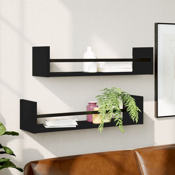 vidaXL Wall Shelf Set of 2 Black Engineered wood, Steel Large