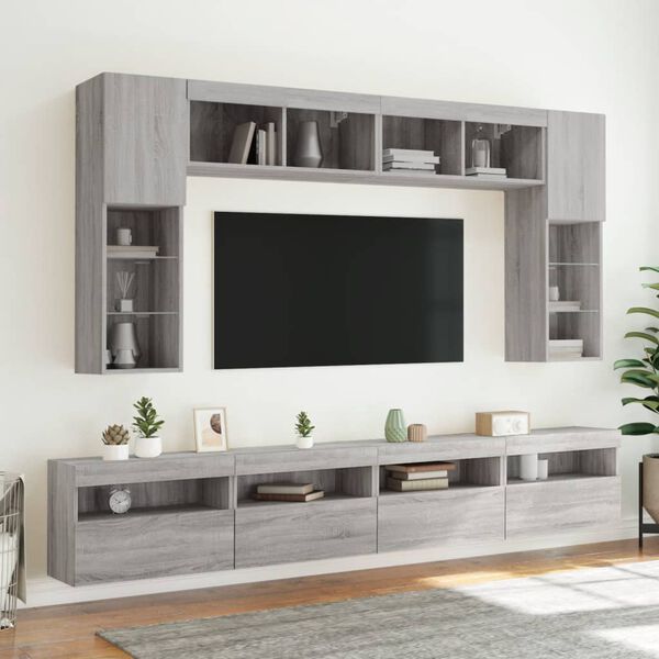vidaXL 8 Piece TV Wall Stand Set with LED Lights Gray Sonoma
