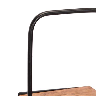 Close-up corner of a black metal frame with rounded corner around the wooden shelf.