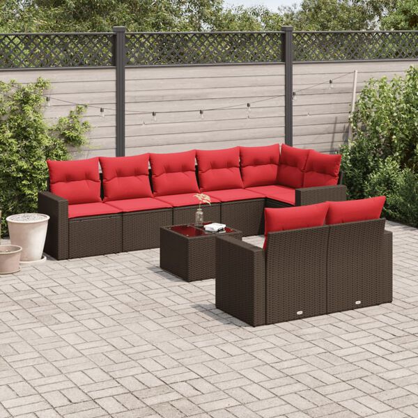 vidaXL 9 Piece Patio Sofa Set with Cushions Brown Poly Rattan