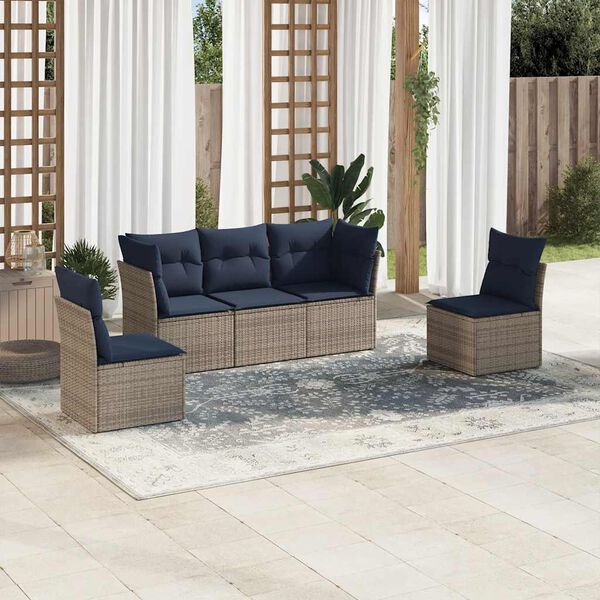 vidaXL 5 Piece Patio Sofa Set with Cushions Gray Poly Rattan