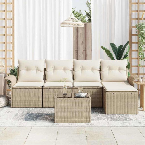 vidaXL Outdoor Sofa with Cushion 6 pcs Beige Poly Rattan