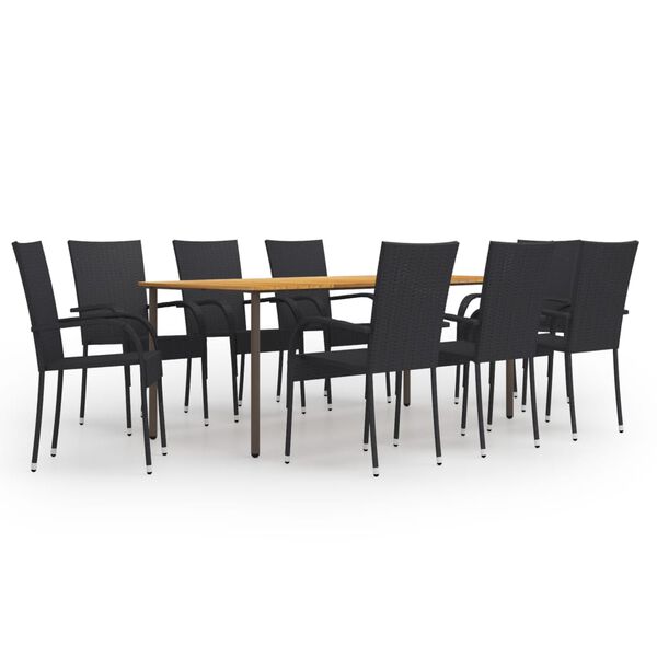 vidaXL Dining Set Black Solid acacia wood, Powder-coated steel, PE rattan