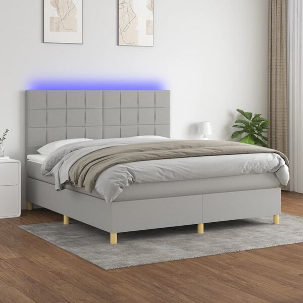 vidaXL Box Spring Bed with Mattress&LED Light Gray 72"x83.9" California King Fabric