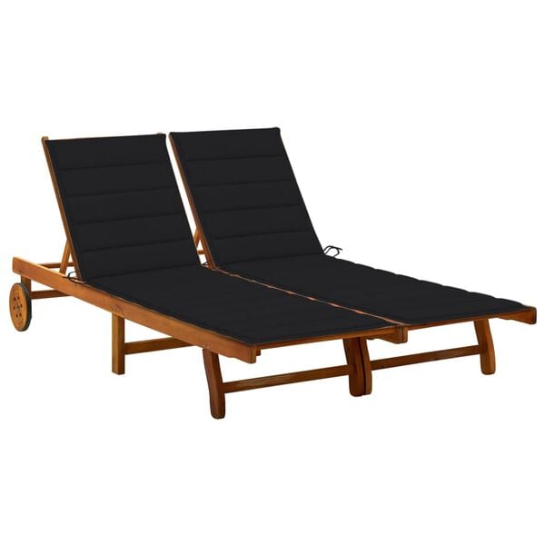 vidaXL Sun Lounger Black Cushion, Natural Wood