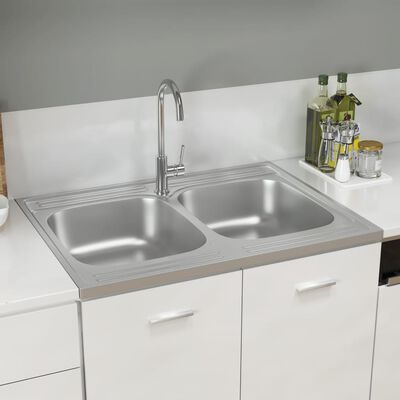 vidaXL Kitchen Sink with Double Basins Silver 31.5"x23.6"x6.1" Stainless Steel