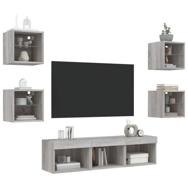 vidaXL TV Wall Unit Set of 7 Grey Sonoma Engineered wood, glass Large