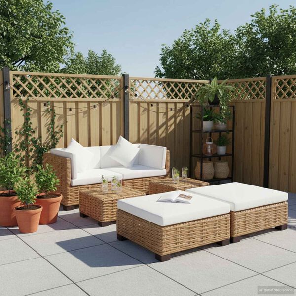 vidaXL Living Room Set Brown and White Natural Rattan and Mahogany Wood