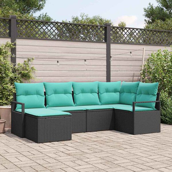vidaXL Sofa Set with Cushion 6 pcs Black and Turquoise Poly Rattan