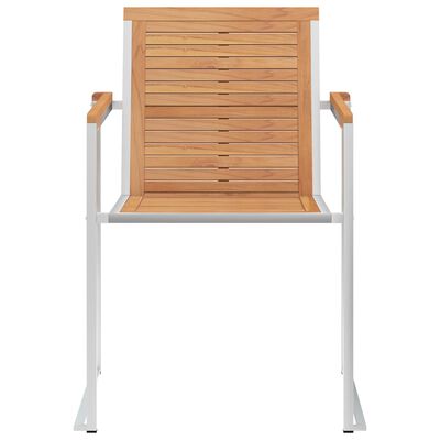 Front view of a wooden chair with white metal frame, showcasing legs and arms