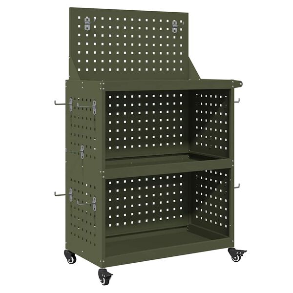 vidaXL Tool Trolley with Shelf Olive Green 25.59 x 13.78 x 43.70 in