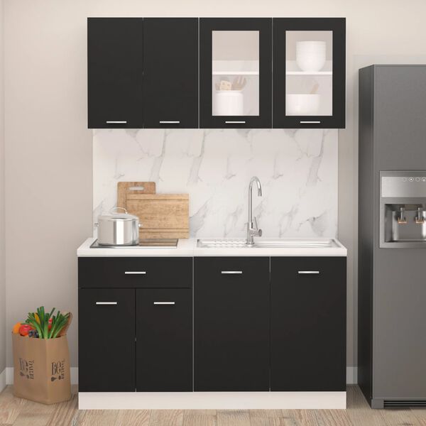 vidaXL Kitchen Cabinet Set Black Engineered Wood, Glass Medium