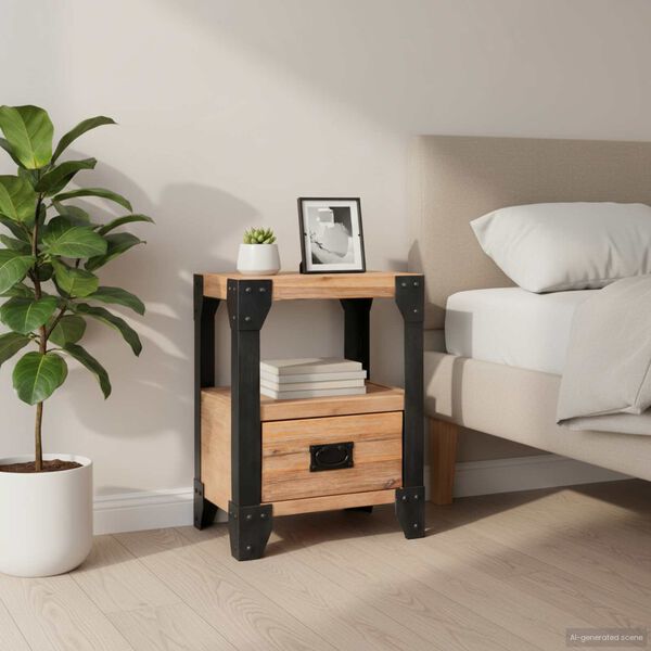 vidaXL Nightstand Set of 2 Brushed Acacia with Black Steel