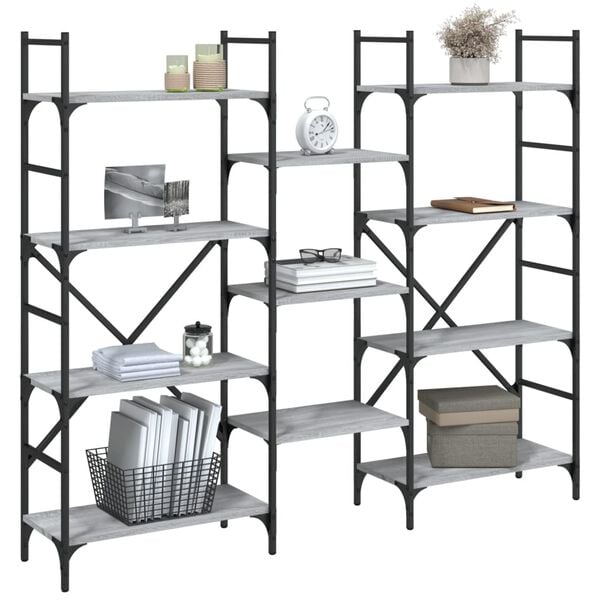 vidaXL Bookshelf Grey Sonoma Engineered Wood, Powder-Coated Steel Tall