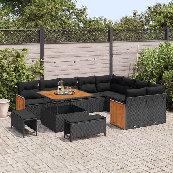 vidaXL Garden Sofa Set with Cushion 13 pcs Black Poly Rattan