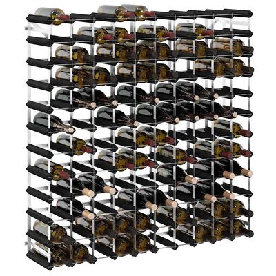 Corner joint of a wooden and metal wine rack showing diagonal brace and bolt.