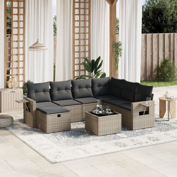 vidaXL Garden Sofa Set Gray Poly Rattan, Tempered Glass, Steel Large