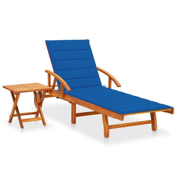 vidaXL Sunlounger With Table Royal Blue, Natural Wood