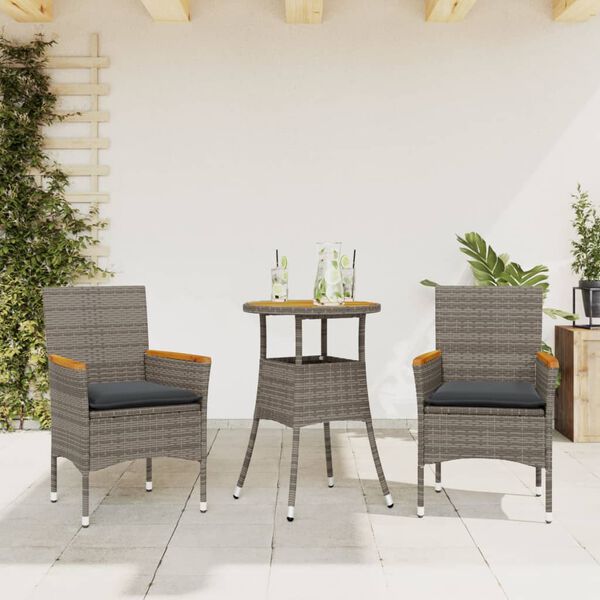 vidaXL 3 Piece Patio Dining Set with Cushions Grey Poly Rattan and Acacia