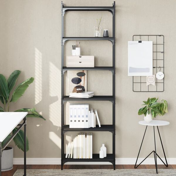 vidaXL Bookcase Black Engineered Wood, Metal 23.6 x 11.8 x 74.0 in
