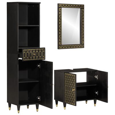A tall black cabinet, a wall mirror with gold framed pattern, and a separate small cabinet with gold patterned doors and a drawer.