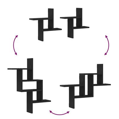 Four black modular wall shelves arranged in circular layout with pink curved arrows indicating rotation