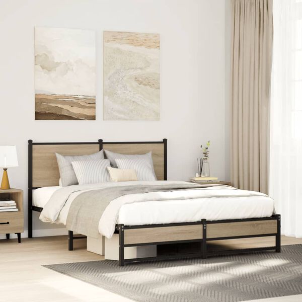 vidaXL Bed Frame Sonoma Oak Steel, Engineered Wood Double Bed Frame