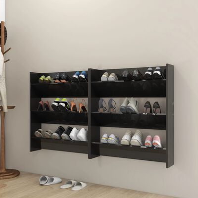 vidaXL Wall Shoe Cabinets 2 pcs High Gloss Black 31.5"x7.1"x35.4" Engineered Wood