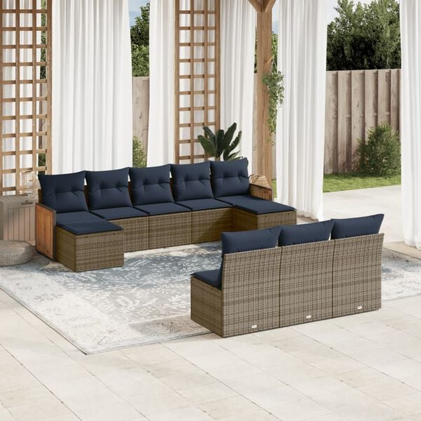 vidaXL 10 Piece Garden Sofa Set with Cushions Grey Poly Rattan