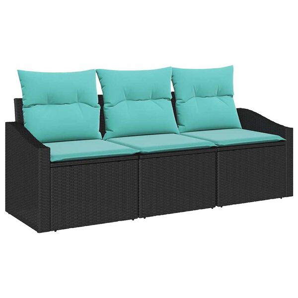 vidaXL Sofa Set with Cushion 3 pcs Black Poly Rattan