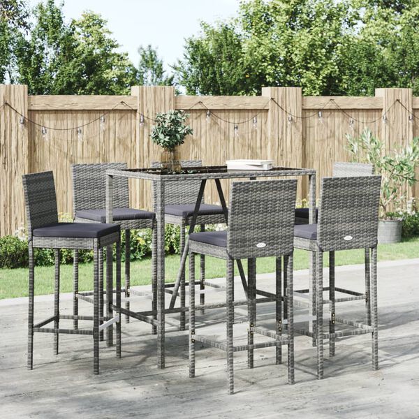 vidaXL 7 Piece Patio Bar Set with Cushions Gray Poly Rattan