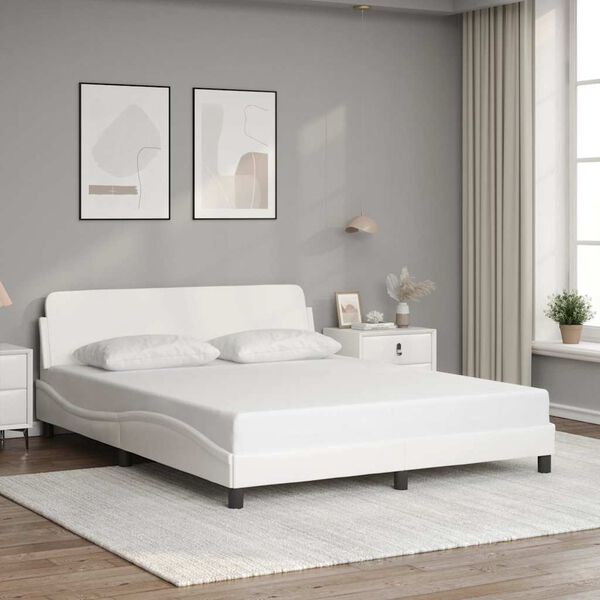 vidaXL Bed Frame White Faux leather, metal, solid pine wood, plywood Queen