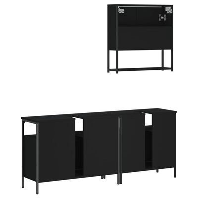 Two-piece bathroom vanity set: left and right cabinets with open shelves, tall upper cabinet on right.