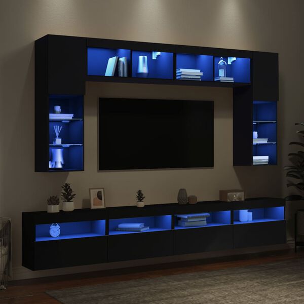 vidaXL 8 Piece TV Wall Stand Set with LED Lights Black