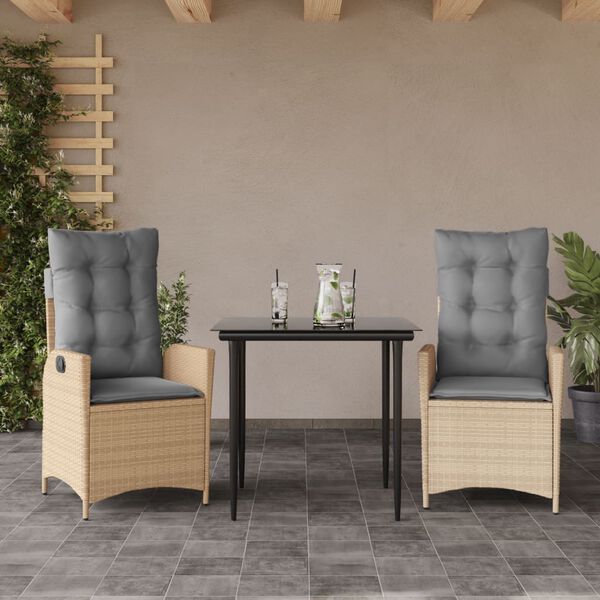 vidaXL 3 Piece Patio Dining Set with Cushions Beige Poly Rattan
