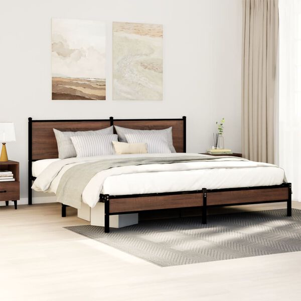 vidaXL Bed Frame Brown Oak Steel, Engineered Wood 72 x 84 in Bed Frame