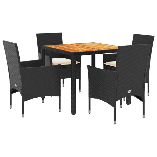 vidaXL 5 Piece Patio Dining Set with Cushions Black Poly Rattan and Acacia