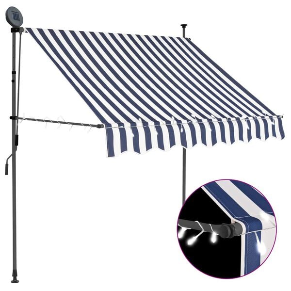 vidaXL Retractable Awning Blue and White Polyester with PU Coating, Steel