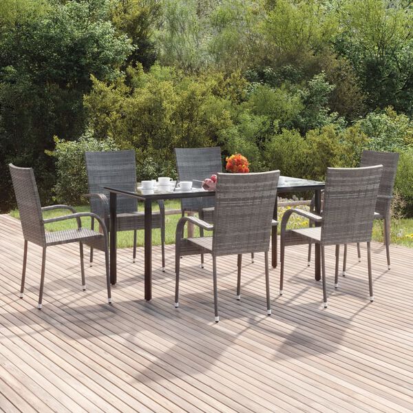 vidaXL Garden Dining Set Grey PE rattan, powder-coated steel, tempered glass