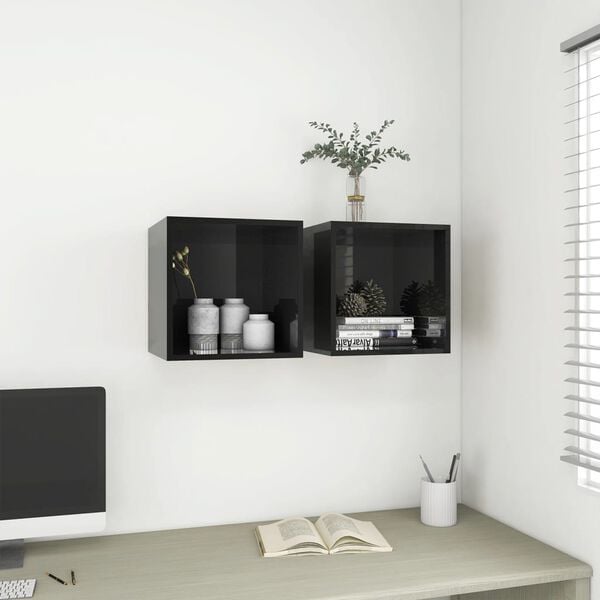 vidaXL Wall Cabinet Set of 2 High gloss black Engineered wood