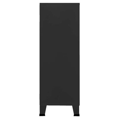 Back of a tall black cabinet showing the plain panel, legs.