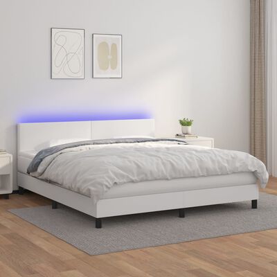 vidaXL Box Spring Bed with Mattress&LED White King Faux Leather