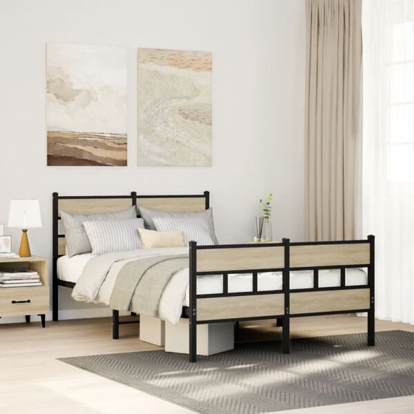 vidaXL Bed Frame Black, Sonoma Oak Iron, Engineered Wood Full Bed Frame