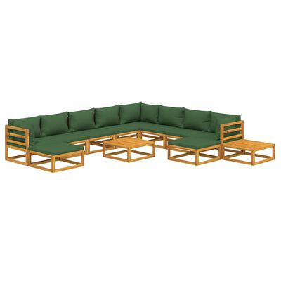 vidaXL 12 Piece Patio Lounge Set with Green Cushions Solid Wood