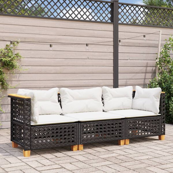 vidaXL Garden Sofa Set of 3 Black and Cream