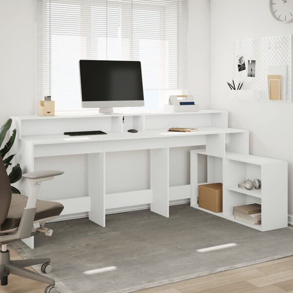 vidaXL Desk White Engineered wood Large Desk Rectangular Modern