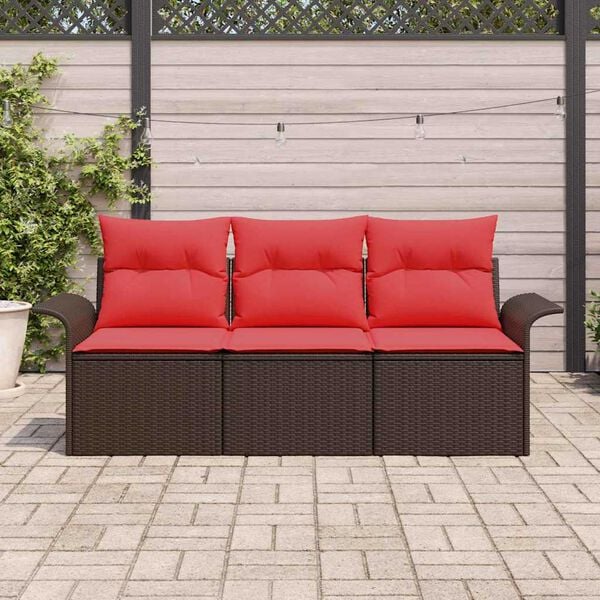 vidaXL Sofa Set with Cushion Manual 3 pcs Brown and Red Poly Rattan