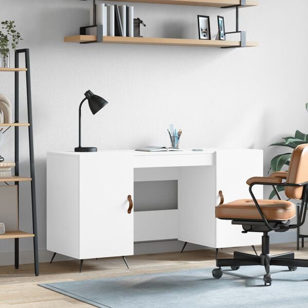 vidaXL Desk White Engineered wood, iron, faux leather 55.1x19.7x29.5 in