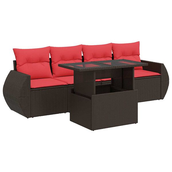 vidaXL 5 Piece Patio Sofa Set with Cushions Brown Poly Rattan Acacia